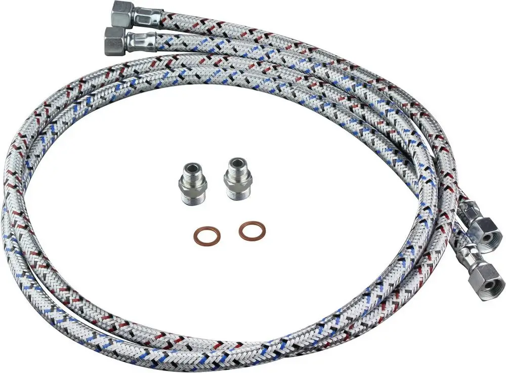 BOSCH Schlauchset mit mehreren Hochdruckschläuchen in geflochtener Hülle, verbunden mit Metallfittings und passenden Dichtungen.